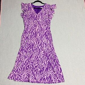London Times Ruffle flutter Sleeve Print Midi Dress size 6 purple white v-neck